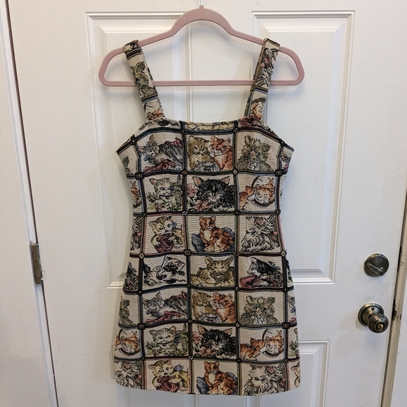 Cider Dresses & Skirts - Cider Beige Multi Cat-Print Square-Neck Mini Dress